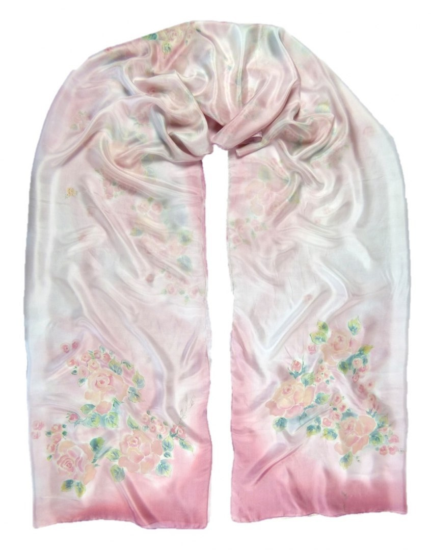 Large Pink Hand Painted Silk Scarf, 250x90 cm (1)