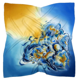 AM-423 Blue-Yellow Hand Painted Silk Scarf, 90x90cm