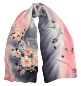 Small Gray-Pink Hand-Painted Silk Scarf, 135x30cm