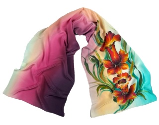 SZ-291 Plum turquoise Hand Painted Silk long scarf, 170x45 cm