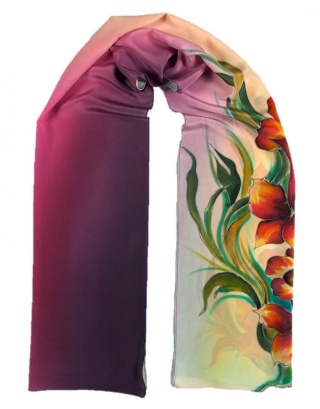 SZ-291 Plum turquoise Hand Painted Silk long scarf, 170x45 cm