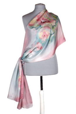 SZM-025 Large aquamarine-pink hand-painted silk scarf, 250x90 cm