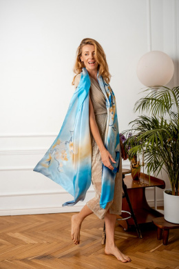SZM-034 Large Turquoise Hand-Painted Silk Scarf, 250x90cm
