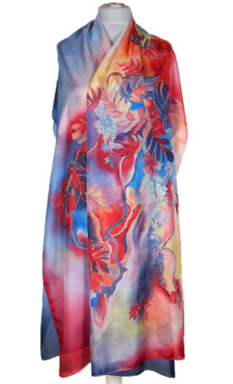 SZM-035 Large Red and Blue Hand-Painted Silk Scarf, 250x90cm
