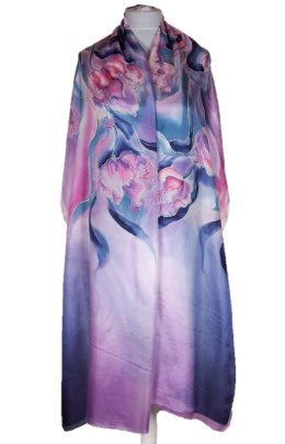 SZM-038 Large Navy Blue and Pink Hand Painted Silk Scarf, 250x90cm