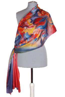 SZM-040 Large Red and Blue Hand-Painted Silk Scarf, 250x90cm