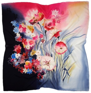 "Zachód kwiatów", apaszka jedwabna, ręcznie malowana, 90x90cm