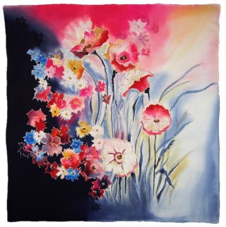 "Zachód kwiatów", apaszka jedwabna, ręcznie malowana, 90x90cm