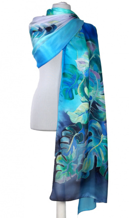 SZM-049 Large Blue and Navy Hand-Painted Silk Scarf, 250x90cm