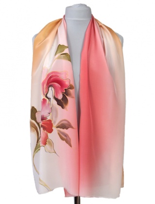 SZ-345 red-beige Hand Painted Silk long scarf, 170x45 cm