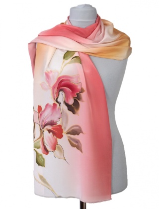 SZ-345 red-beige Hand Painted Silk long scarf, 170x45 cm