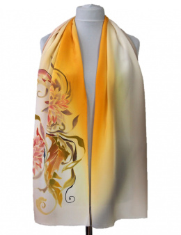 SZ-353 Gold, Pink and Beige Hand Painted Silk Scarf, 170x45 cm