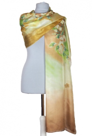 SZM-069 Large Beige-Green Hand-Painted Silk Scarf, 250x90cm