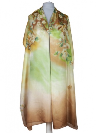SZM-069 Large Beige-Green Hand-Painted Silk Scarf, 250x90cm