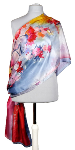 SZM-012 Large Red and Blue Handpainted Silk Scarf, 250x90 cm