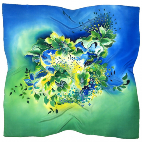 AM-845 Blue-Yellow Hand-painted Silk Scarf, 90x90cm