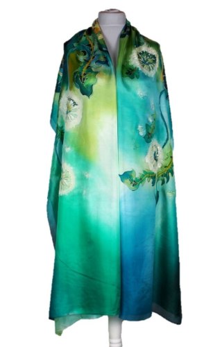 SZM-031 Large Green Hand-Painted Silk Scarf, 250x90 cm