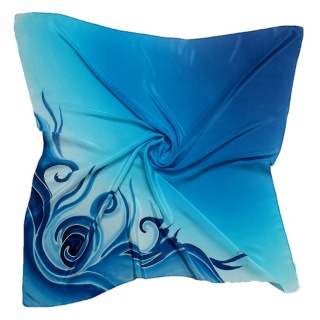 Hand-painted silk gawroszka with waves, turquoise, 55x55cm, AM5-570