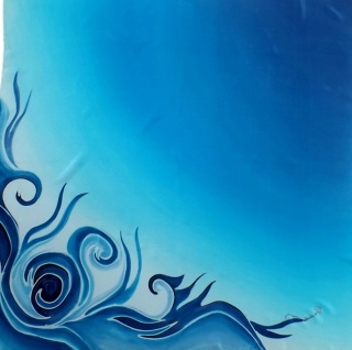 Hand-painted silk gawroszka with waves, turquoise, 55x55cm, AM5-570