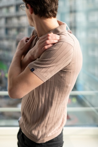 B1 Koszulka polo męska 100% dzianiny bawełnianej w prążek beżowa