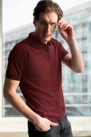 B5 Men's 100% cotton knitted polo shirt with zipper, burgundy