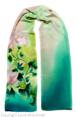 SZ-502 Green-Pink Hand Painted Silk Scarf, 170x45 cm
