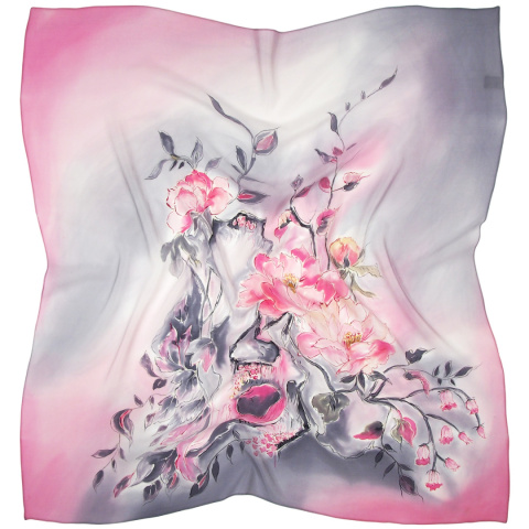 AM-066 Hand-painted Silk Scarf Flowers, 90x90 cm