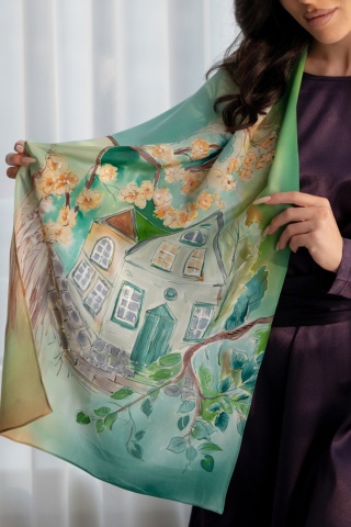 SZ-734 Hand-painted silk scarf, Tenement houses, 165x45 cm