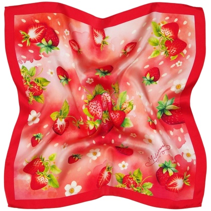 Jedwabna apaszka dwustronna w truskawki z Milanówka 53x53cm AD5-008