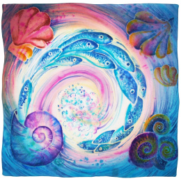 AM7-005 Hand-painted silk scarf with a sea motif, 70x70cm