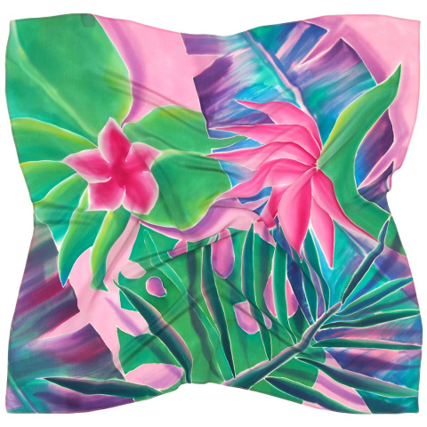 AM-091 Women's hand-painted silk scarf with leaves 90x90cm