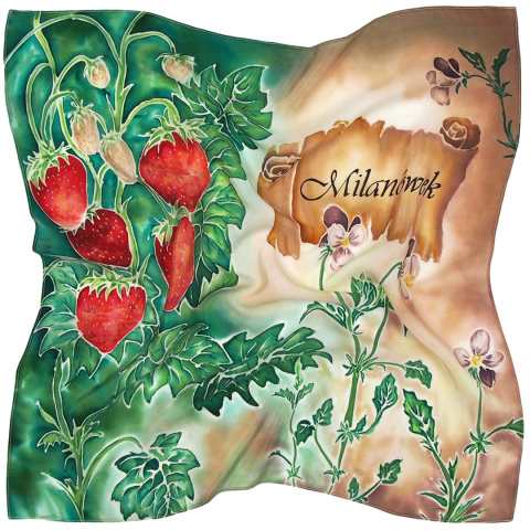 AM5-011 Schal mit kleinem Seidenschal, Erdbeeren aus Mailand 55x55 cm