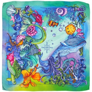 AD7-075 Satin silk scarf matt-gloss, marine motif 68x68cm