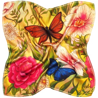 Silk double-sided scarf with butterflies and flowers 68x68cm AD7-070