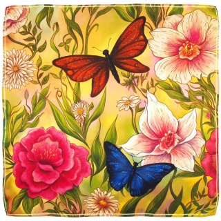 Silk double-sided scarf with butterflies and flowers 68x68cm AD7-070