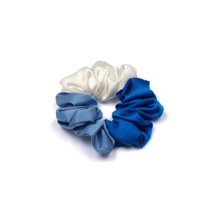 Silk elastic, satin scrunchie for hair, white and blue