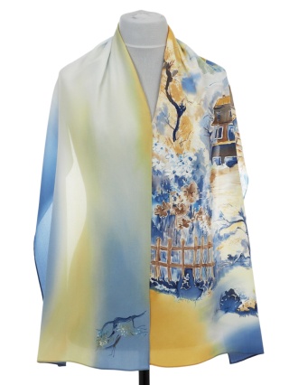 SZ-738 Hand-painted silk scarf, Milanówek landscapes 165x45 cm