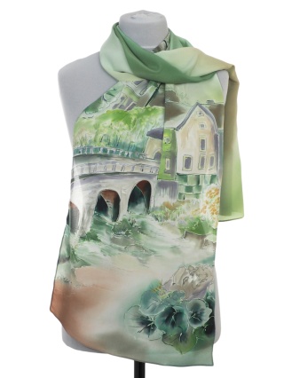 SZ-737 Hand-painted silk scarf, Milanówek landscapes 165x45 cm