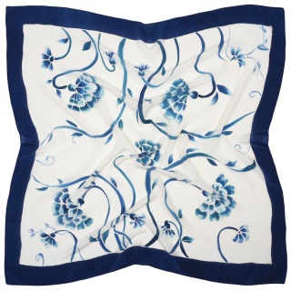 Hand-Painted Silk Scarf with Blue Flowers – 90x90 cm (AM-083)