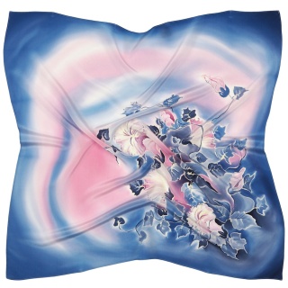 AM7-297 Navy Blue-Pink Hand-painted silk scarf, 70x70 cm