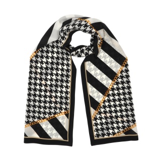 Black Double-Sided Silk Scarf in Houndstooth Pattern 180x45 cm SDD-03