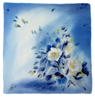AM-212 Blue Hand Painted Silk Scarf, 90x90cm