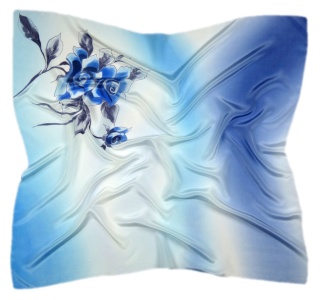 AM-284 Błękitno-Granatowa Apaszka Jedwabna Ręcznie Malowana, 90x90cm