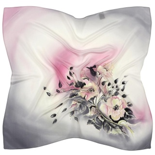 Hand-Painted Silk Scarf with Floral Motif, Grey and Pink, 70x70cm – AM7-729