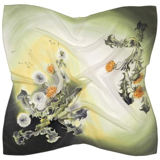 Hand-painted green silk scarf with floral design, 70x70 cm, AM7-728