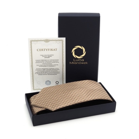 Jedwabny krawat żakardowy w mikrowzór ciemnobeżowy KR-682