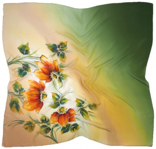Silk scarf, hand-painted, orange and green with flowers, 55x55 cm AM5-720