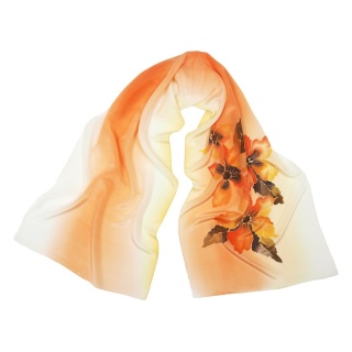 Orange silk long scarf with flowers 160x44cm SZ-891