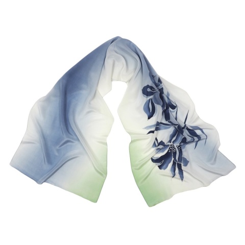 Navy blue silk scarf with flowers 160x44cm SZ-898 (1)