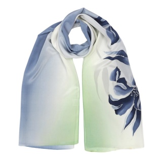 Navy blue silk long scarf with flowers 160x44cm SZ-898
